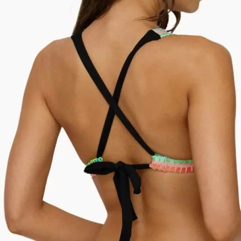 PQ Swim Platinum Black Pearl Crochet Trim Tri Top Size Large